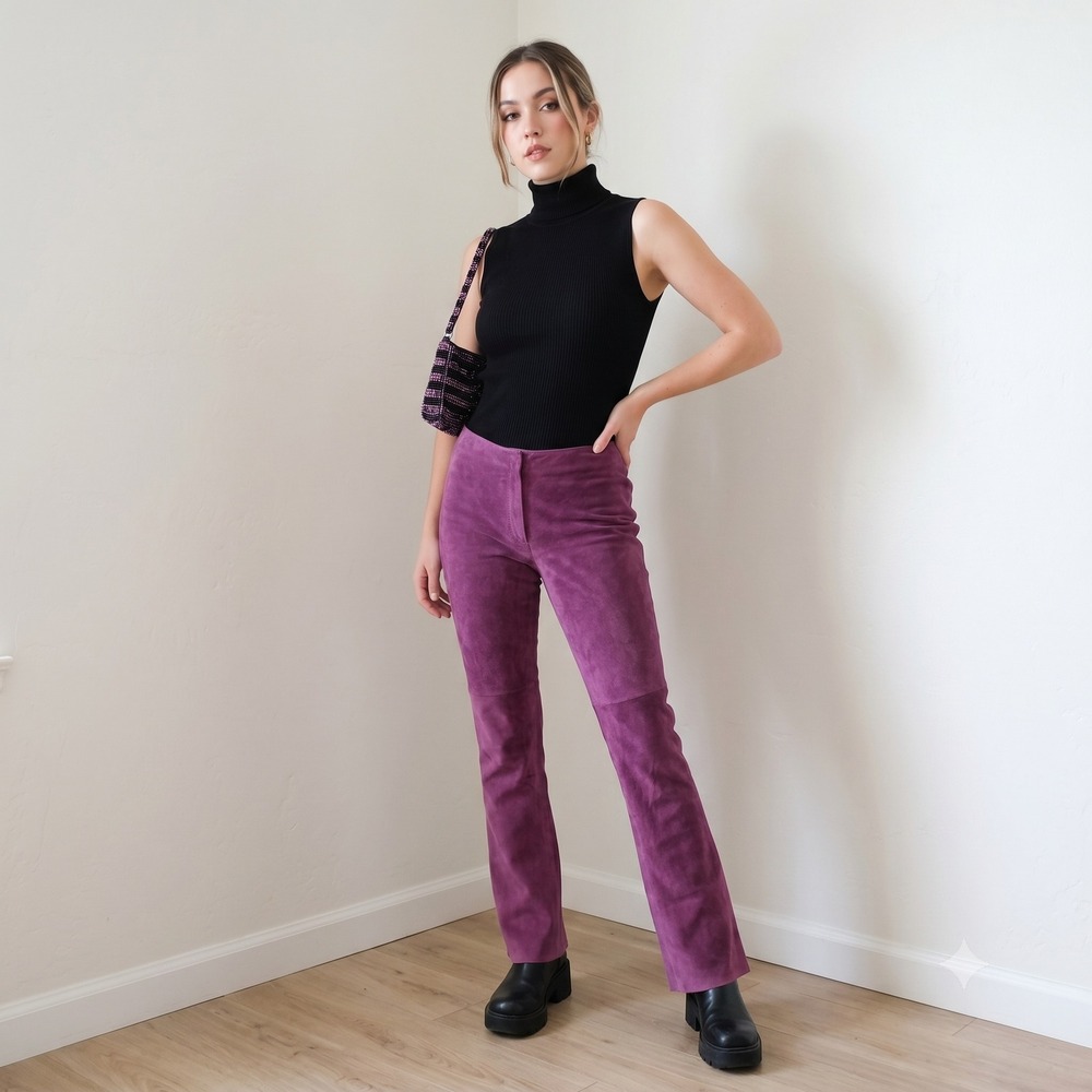 Vintage Y2K Bebe Suede Leather Womens Pants 0 Purple Straight Leg Goth Grunge